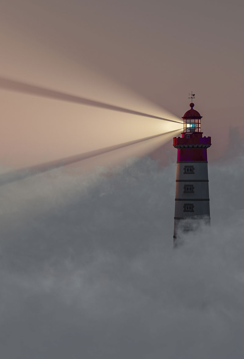 Lighthouse shining a path through cloud